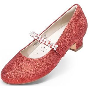 DREAM PAIRS Meisjes Jurk Schoenen Lage Hakken voor Kleine Grote Meisje Mary Jane Schoenen met Parel Strass Bloemen Meisje Pumps Prinses Bruiloft Party, Rood, 13 Little Kid