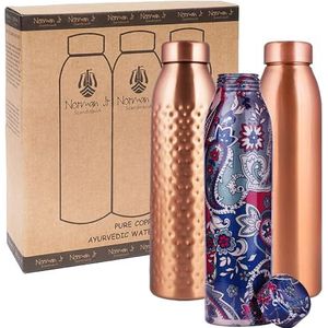 NORMAN JR 1L koperen waterfles - geschenkdoos van 3, 1 effen, 1 gehamerd, 1 blauw bedrukt, gemaakt van koper met een verbluffende externe print met gezondheidsvoordelen