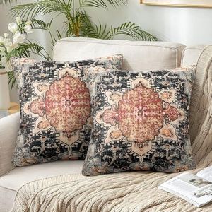 Chicamy Set van 2 boho-kussenslopen, 40 x 40 cm, etnische kussenslopen, hippie mandala-bloemenpatroon, decoratief kussen, linnen, decoratieve vintage sierkussenhoes voor bank, woonkamer, slaapkamer