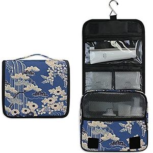 Textiel Strem Donkerblauwe Bloem Opknoping Opvouwbare Toilettas Cosmetische Make-up Tas Reizen Kit Organizer Opbergzakken Case voor Vrouwen Meisjes Badkamer