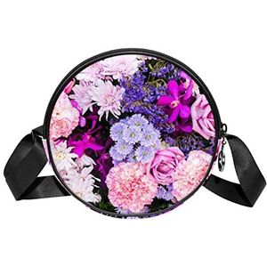 Messenger Bag Roze en Paars Bloemen Crossbody Tas voor Vrouwen Rond, Meerkleurig, 6.7x6.7x2.3 in, Sling Rugzakken