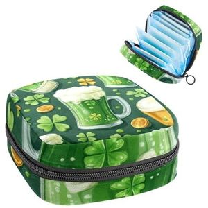Opbergtas voor maandverband, glazen groene bieren, klaverbladeren en gouden munten, draagbare maandverband, inlegkruisjes, tampons, maandverband, opberghouder voor vrouwen, school, kantoor