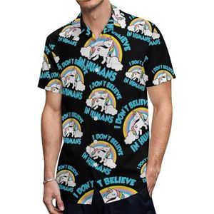 Eenhoorn I Don T Believe In Humans Heren Shirts met korte mouwen Casual Button-down Tops T-shirts Hawaiiaanse strand T-shirts 2XS