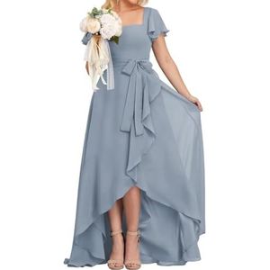 High-Low Prinses Bruidsmeisjesjurken Vierkante Hals Galajurk Chiffon Formele Avondfeestjurk met Mouwen, Dusty Blauw, 32