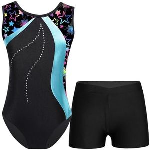 TIYGHI Turnpakje voor kinderen, meisjes, mouwloos, patchwork, bedrukt, turnpakje met shorts, training, schaatsen, danskleding, ballet, kostuum, Cyaan, 14