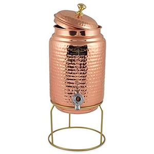 Golden Drops Zuiver gehamerd koperen waterdispenser met kraan en standaard Matka waterkan koperen pot 5 liter met 2 koperen gehamerde waterglazen, bruin, dispenser - 5 liter