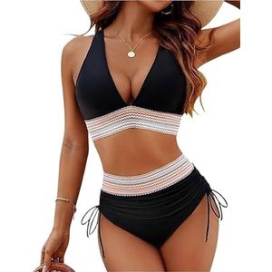 Bikinisets met hoge taille for dames, tweedelig badpak met trekkoord, badpakken met buikcorrectie, badpakken for op het strand(Black,L)