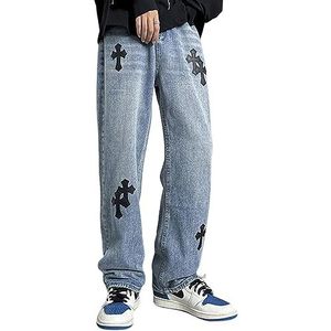 Sawmew Baggy hiphop-cross-patchwork-jeans voor heren, losse pasvorm, rechte denimbroek met wijde pijpen, streetwear Y2K-jeans, casual jeans met kruissteekpatch (Color : Blue, Size : XS)