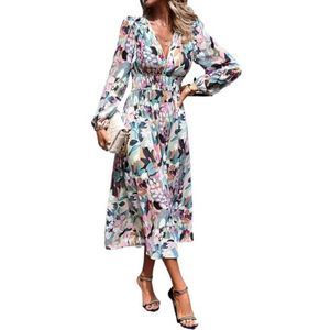 CupitiDU Dames Boho Bloemen Gedrukt Chiffon Jurken, Casual Zomer V-hals Chiffon Lange Boerenmouwen Vloeiende Orset Jurk, Groen-1, XL