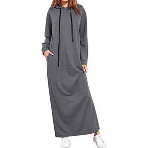 Maxi-jurk lange mouwen dames lange hoodie losse vrijetijdsjurken herfst winter kanpola lang T-shirtjurk effen sweatjurk met trekkoord longshirt V-hals capuchontrui, 10-grijs, S