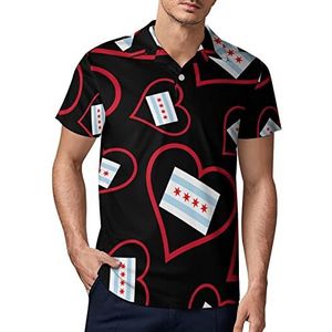 I Love Chicago Red Heart heren golf poloshirt zomer korte mouw T-shirt casual sneldrogende T-shirts 2XL