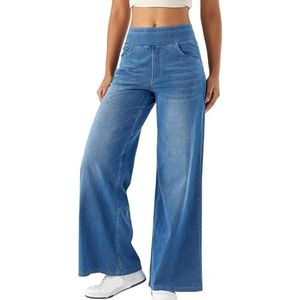 2025 Dames High Waisted Stretch Pull-On Wijde Pijpen Denim Sweatpants - Stijlvolle Jeans-Looking Comfort(Light Blue,Large)