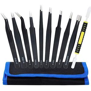 ESD Antistatisch pincet, 10 stuks, precisiepincetten, sets met punten, gebogen punten, platte kop voor elektronische reparaties, computer-precisiewerk