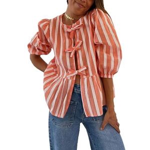 Vrouwen Tie Front Tops Puff Sleeve Babydoll Shirts Y2K Leuke Ruffle Peplum Uitgaan Top Blouse Trendy Kleding (Color : Orange stripes D, Size : Large)