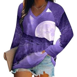 Paarse Supermoon Dames Casual Lange Mouw T-shirts V-hals Gedrukt Grafische Blouses Tee Tops S