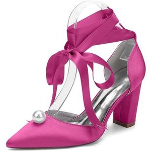 EICOFF Dames Parel Blok Hoge Hakken Bruiloft Schoenen Satijnen Puntige Gesloten Hakken Sandalen met Lint Enkelband Feest Bruidsjurk Schoenen,Rose,35 EU