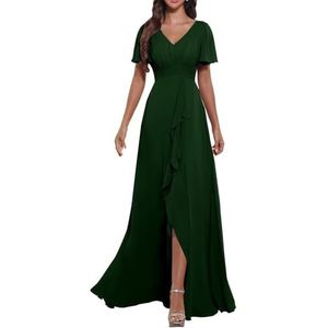KURFACE Flutter mouw V-hals chiffon bruidsmeisjes jurken met mouwen split lange formele avondjurk voor vrouwen, Emerald Groen, 32
