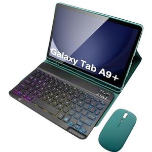 Toetsenbordhoes Voor Samsung Galaxy Tab A9 Plus/A9+ 5G 11 Inch (SM-X210/X216/X218), 7-Kleurig Regenboogkleurig Verlicht Afneembaar Toetsenbord Met Muis, S-Penhouder,Deep green