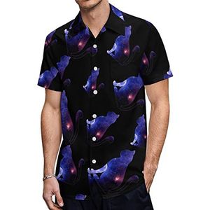 Space Galaxy Cat Hawaïaanse shirts voor heren, casual overhemd met korte mouwen, knoopsluiting, vakantie, strandshirts, L