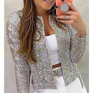 Mode Pailletten Jassen Dames Chique Tops Sparkly Glitter Korte Jassen Lange Mouwen Uitloper Kantoor Dames Vest Streetwear