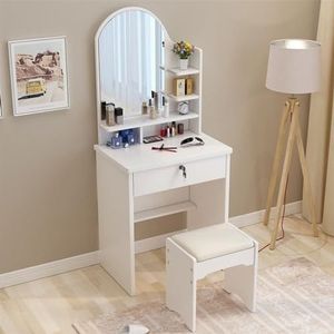 vanity desk Dressoir Moderne minimalistische stijl Massief hout met navullicht Make-upspiegel met opbergruimte met meerdere capaciteiten Opbergdoos for slaapkamerdressoir (Color : Ivory/60cm+stools)