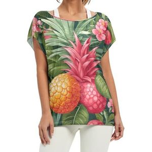 Tropical Fruit Ananas Damesshirt met korte vleermuismouwen en ronde hals, losse tops voor meisjes, Patroon, XXL