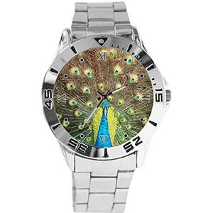 Peacock Design Analoge Polshorloge Quartz Zilveren Wijzerplaat Klassieke Roestvrij Stalen Band Dames Heren Horloge