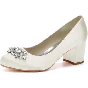 Hakken Voor Vrouwen Ronde Neus Chunky Pumps Schoenen Blok Hoge Hak Slip-On Jurk Kantoor Feest Trouwschoenen,ivoor,35 EU