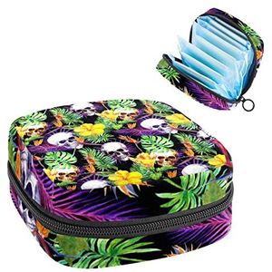 Maandverband Opbergtas, Menstruatie Cup Pouch Tampon Bag, Periode Pads Houder Organizer voor Vrouwen Meisjes, Tropische Schedel Palm Bloemenpatroon