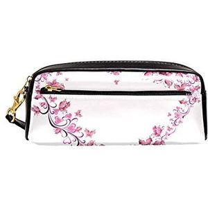 Vlinders Bloemen Liefde Vorm Draagbare Pouch PU Lederen School Pen Case Stationaire Potlood Zakken Waterdichte Cosmetische Tas Make-up Beauty Case