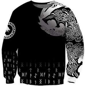 Retro Nordic Viking Wolf T-shirt, Heren Dames 3D Gedrukt Odin Fenrir Rune Tattoo Punk Harajuku Hoodie, Comfortabele en Ademende Kleding Voor de Lente(Color:Round Neck,Size:4XL)