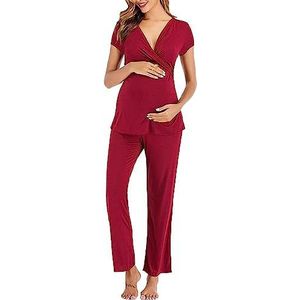 Zwangerschapspyjama set dames lange mouwen nachtkleding borstvoeding borstvoeding nachtkleding PJ set loungewear zwangerschap voor ziekenhuis thuis (wijnrood, L)