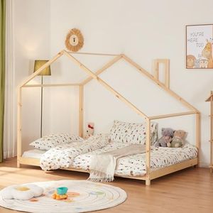 [en.casa] Kinderbed Siuntio huisbed met bedbodem peuterbed vloerbed van grenen 120x200 cm naturel