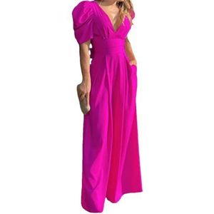 Tdvcpmkk Jumpsuit voor dames, met pofmouwen, V-hals, uitgesneden, taille, stropdas, party, club, jumpsuit, rozerood, XL