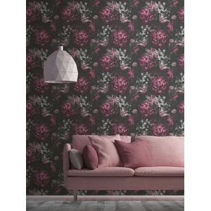 behang bloemmotief lila paars, zwart, grijs en wit 53 cm x 10.05 m - van Sanders & Sanders