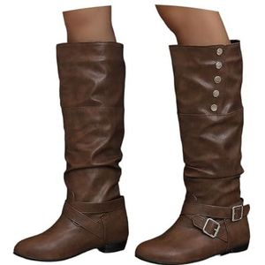 Winter Hoge Laarzen Met Metalen Gesp Britse Stijl Laarzen Met Lange Schacht Warm Gevoerde Sneeuwlaarzen PU Leren Rijlaarzen Met Lage Hak Plus Size Enkelschoenen(Brown,43 EU)