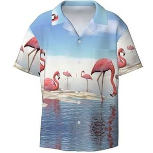 EdWal Flock of Pink Flamingo's On The Beach Print Heren Korte Mouw Button Down Shirts Casual Losse Fit Zomer Strand Shirts Heren Overhemden, Zwart, XXL