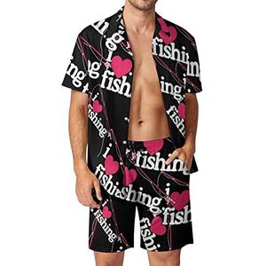 I Love Fishing Hawaiiaanse sets voor heren, button-down trainingspak met korte mouwen, strandoutfits, L