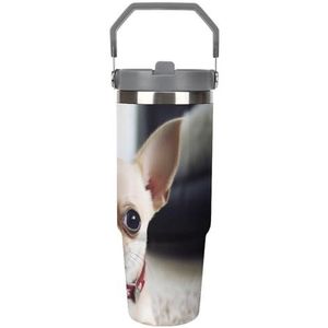 FHECVBN Grote Capaciteit Auto Cup Koffie Tumbler Leuke Chihuahua Koffie Mok Flip Stro Tumbler Rvs Cup Geïsoleerde Tumbler Travel Mok 30oz