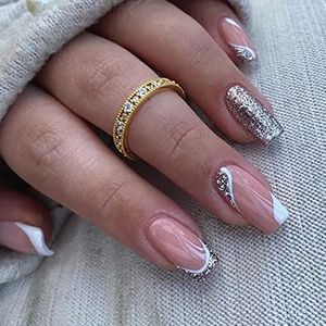 Square False Nails French Pink Press on Nails Irregular Glitter Stick on Nails 24pcs for Women and Girls