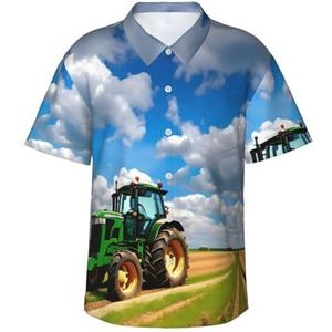 Tractor onder blauwe hemel en witte wolken print leuk Hawaiiaans shirt voor mannen casual korte mouw button down shirts zomervakanties, Zwart, S