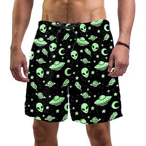 Mannen Strand Shorts Sneldrogend met Zakken Zwembroek Badpakken voor Mannen Groene Alien UFO Maan, Meerkleurig, eén maat M