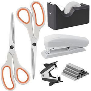 Asdirne Kantoorbenodigdheden kit, basisstijl, inclusief schaar, nietmachine, nietjes, verwijderaar, tapedispenser en tape, wit en oranje