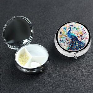 Kleine pillendoos 3 compartimenten, kleur pauw pillendoos dagelijkse metalen draagbare pillenorganizer voor zak portemonnee reizen pillendoos met spiegel ronde geneeskunde vitaminehouder uniek cadeau