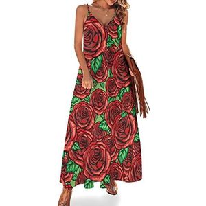 Vinage Red Rose Zomerjurk voor dames, maxi-jurk, V-hals, mouwloos, spaghettibandjes, lange jurk