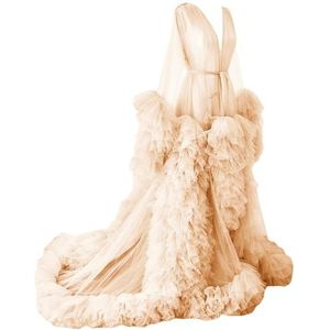 Tule gewaad zwangerschapsjurken voor fotoshoot lange bruiloft bruids zwangere kamerjassen grote maat, Champagne, 32