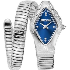 JUST CAVALLI Vrouwen horloge, zilveren kleur geval, donker blauwe wijzerplaat, roestvrij staal metalen armband, 2 handen, 3 ATM, Zilverkleur, armband