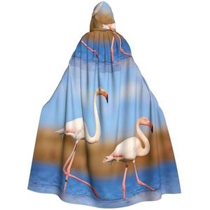 Carnaval cape met capuchon voor volwassenen, heks en vampier, cosplay kostuum, mantel, geschikt voor carnavalsfeesten, 190 cm roze flamingo in het water
