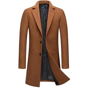 Wol Mixing Coat For Heren Winter Single Breasted Trench Met Geplooide Kraag Middellange Jas Normaal Fit (Color : Camel, Maat : Men-S)