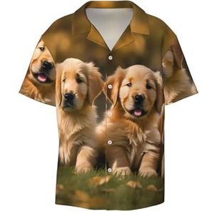 EdWal Golden Retriever Honden Puppies Huisdieren Print Heren Korte Mouw Button Down Shirts Casual Losse Fit Zomer Strand Shirts Heren Jurk Shirts, Zwart, 3XL